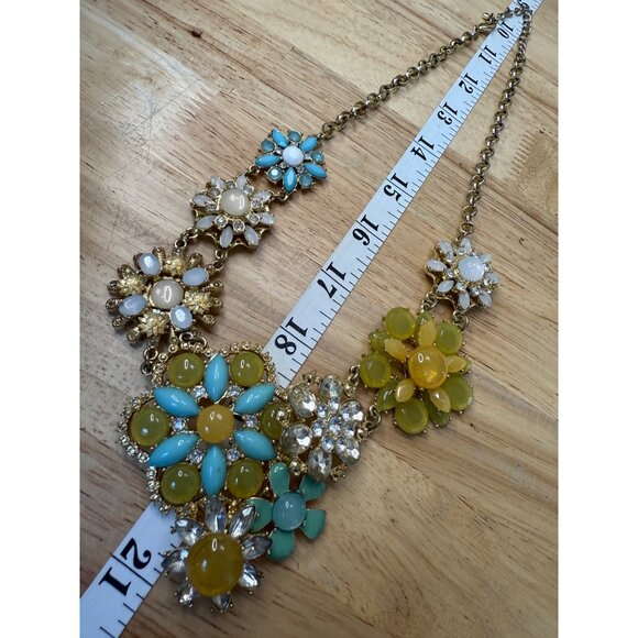 Floral Statement Necklace Yellow & Turquoise Beaded Design Gold Chain Adjustable - Picture 9 of 12